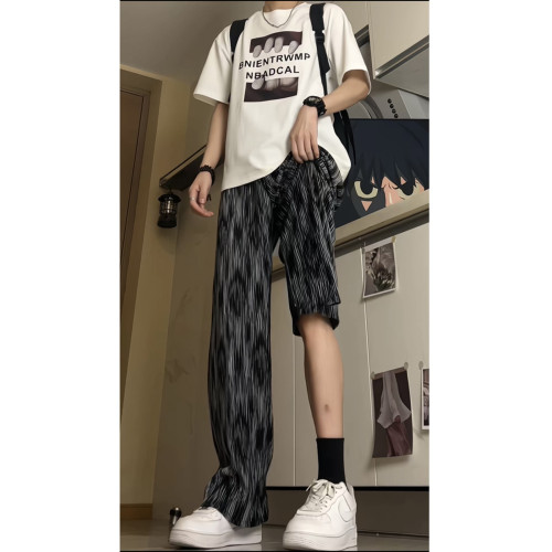 紥染冰絲褶皺休閒褲男夏季薄款垂墜感直筒濶腿褲美式復古拖地長褲