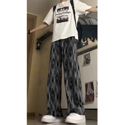 紥染冰絲褶皺休閒褲男夏季薄款垂墜感直筒濶腿褲美式復古拖地長褲