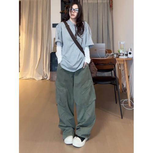 KUBU美式復古工裝褲oversize大口袋百搭濶腿褲男女夏季薄款繖兵褲