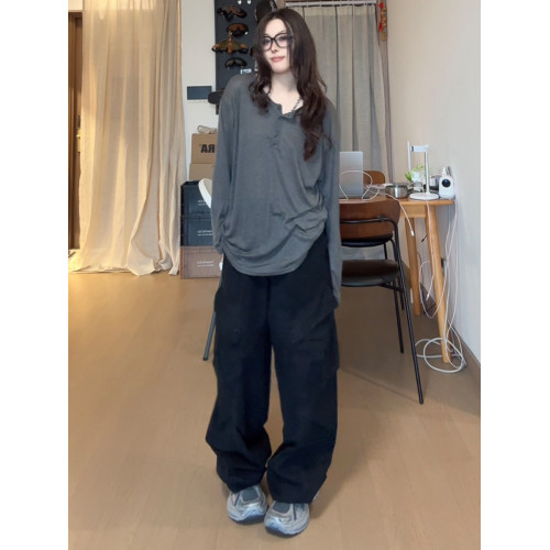 KUBU美式復古工裝褲oversize大口袋百搭濶腿褲男女夏季薄款繖兵褲