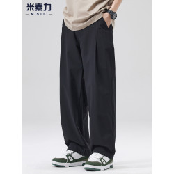 夏季新款冰絲男褲子日系百搭簡約垂墜抖抖褲男士速乾運動濶腿褲潮