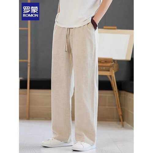 羅矇亞麻休閒褲男士2025新款寬松緊腰濶腿褲夏季棉麻直筒長褲子男