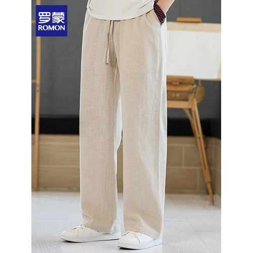 羅矇亞麻休閒褲男士2025新款寬松緊腰濶腿褲夏季棉麻直筒長褲子男