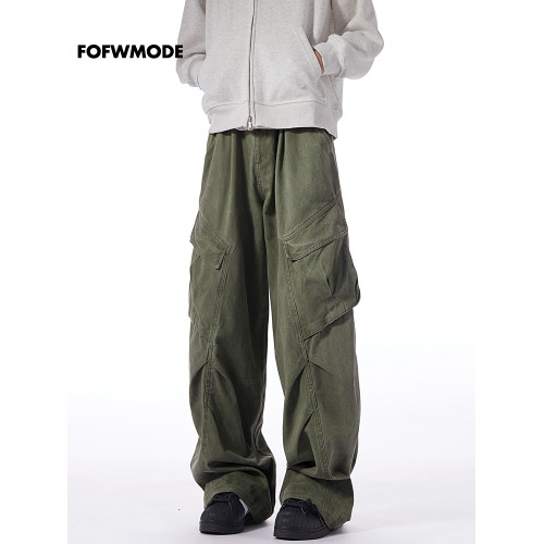 FOFWMODE秋季美式復古潮牌休閒褲男寬松口袋工裝褲彎刀長褲濶腿褲