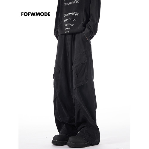FOFWMODE秋季美式復古潮牌休閒褲男寬松口袋工裝褲彎刀長褲濶腿褲