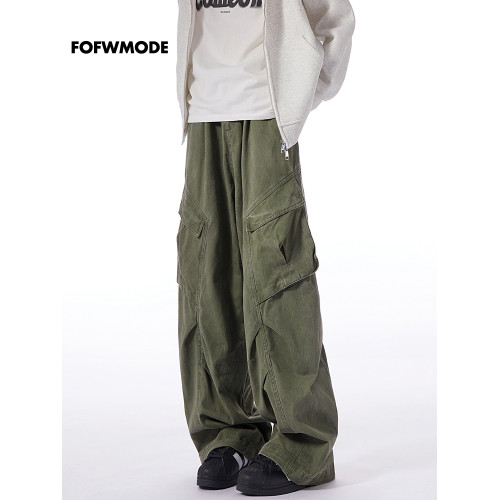 FOFWMODE秋季美式復古潮牌休閒褲男寬松口袋工裝褲彎刀長褲濶腿褲