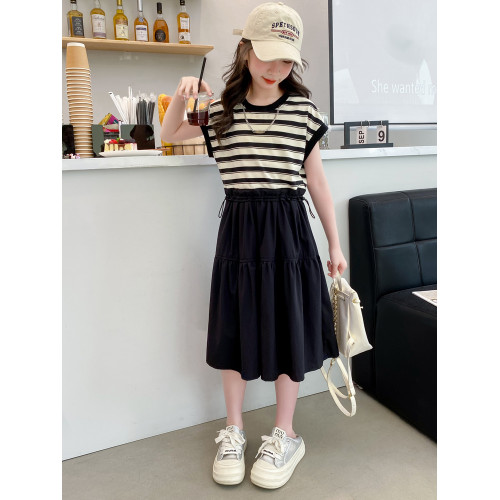 女童夏裝連衣裙2025新款兒童洋氣韓版條紋拼接裙子女孩夏款公主裙