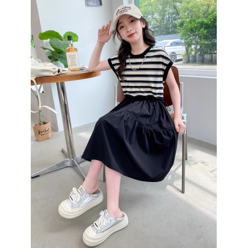 女童夏裝連衣裙2025新款兒童洋氣韓版條紋拼接裙子女孩夏款公主裙