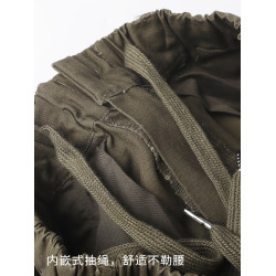 春季純棉美式復古工裝褲男抽繩松緊腰軍綠色濶腿褲寬松百搭長褲潮