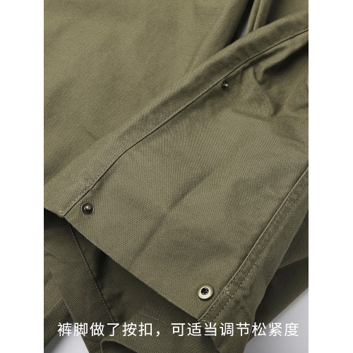 春季純棉美式復古工裝褲男抽繩松緊腰軍綠色濶腿褲寬松百搭長褲潮