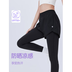 JSC假兩件防曬涼感健身褲運動帶口袋高腰提臀防走光戶外運動褲女