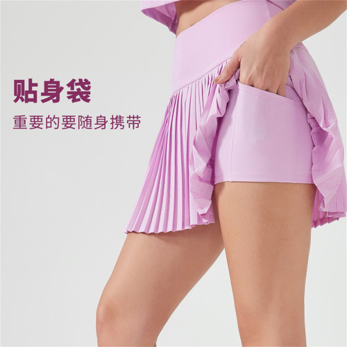 涼感網球裙帶安全褲彈力時尚百褶裙女雙層防走光三分運動褲半身裙