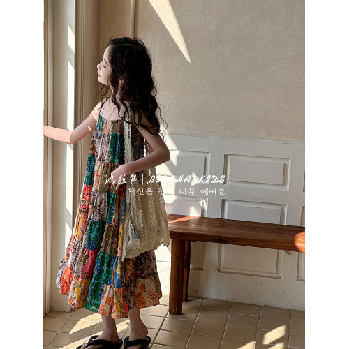 波拉韓女童連衣裙夏季2025兒童夏天裙子洋氣波西米亞吊帶裙沙灘裙