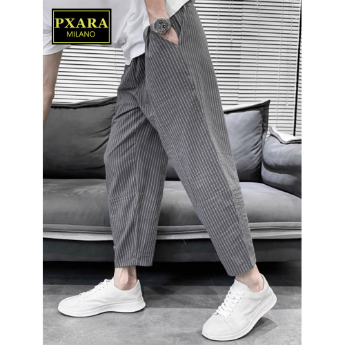 PXARA/高級亞麻九分褲男士2025夏季新款冰絲濶腿褲男款條紋休閒褲