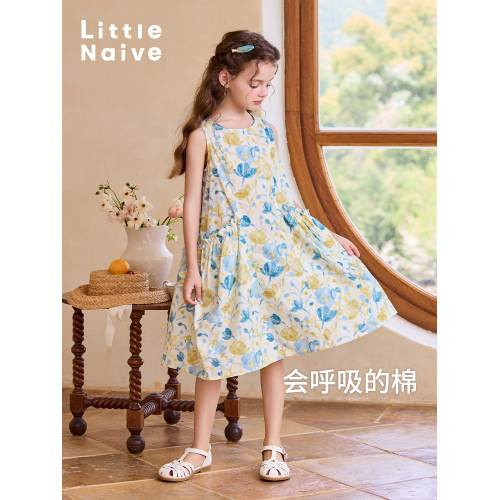 Little Naive女童純棉連衣裙夏季新款印花背心裙兒童口袋碎花裙