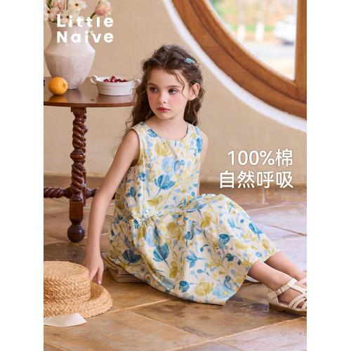 Little Naive女童純棉連衣裙夏季新款印花背心裙兒童口袋碎花裙