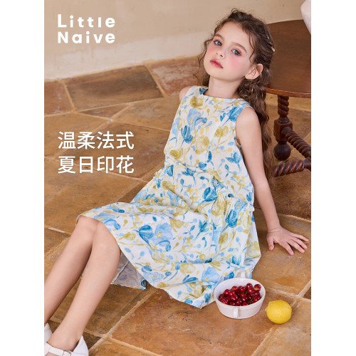 Little Naive女童純棉連衣裙夏季新款印花背心裙兒童口袋碎花裙