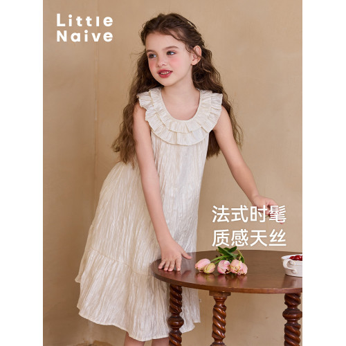 Little Naive兒童連衣裙夏季新款皺感公主禮服女童花邊領口背心裙