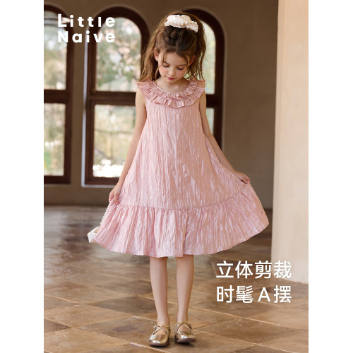 Little Naive兒童連衣裙夏季新款皺感公主禮服女童花邊領口背心裙