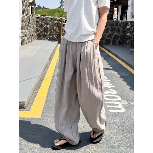 乜Q法式老錢風棉麻慵懶休閒長褲男復古休閒百搭戶外度假風濶腿褲