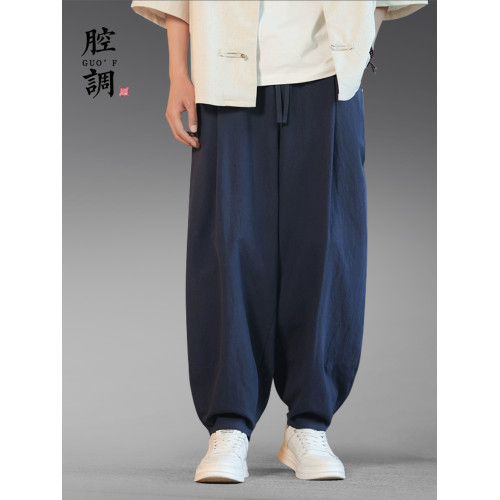 夏季中式休閒褲風男士純棉濶腿褲彎刀褲練功太極褲漢服燈籠褲