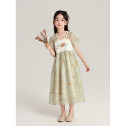 布丁哈魯童裝夏裝女童國風長裙子2025夏季新款兒童唐裝漢服連衣裙