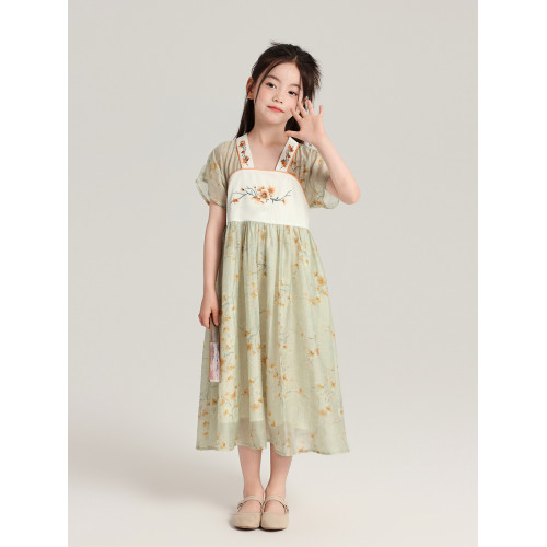 布丁哈魯童裝夏裝女童國風長裙子2025夏季新款兒童唐裝漢服連衣裙