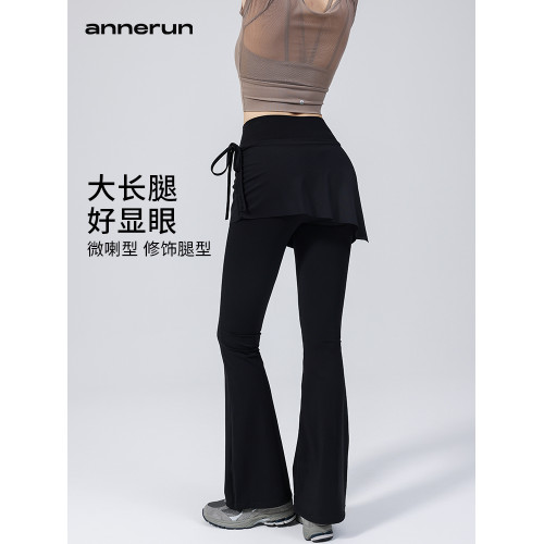annerun假兩件瑜伽褲女高腰提臀微喇褲健身高彈緊身運動褲喇叭褲