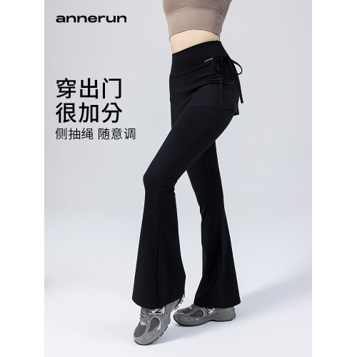 annerun假兩件瑜伽褲女高腰提臀微喇褲健身高彈緊身運動褲喇叭褲