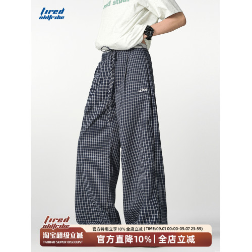 TIRED美式復古格子直筒褲夏季慵懶風薄款濶腿褲寬松百搭休閒長褲
