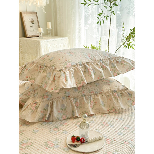法式全棉枕套純棉夾棉加厚枕頭套褶皺花邊48x74cm一對裝2衹枕芯罩