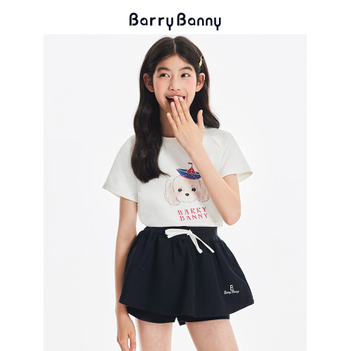 BarryBanny女童短袖T恤夏季新款中大童小狗刺綉圓領修身短款上衣