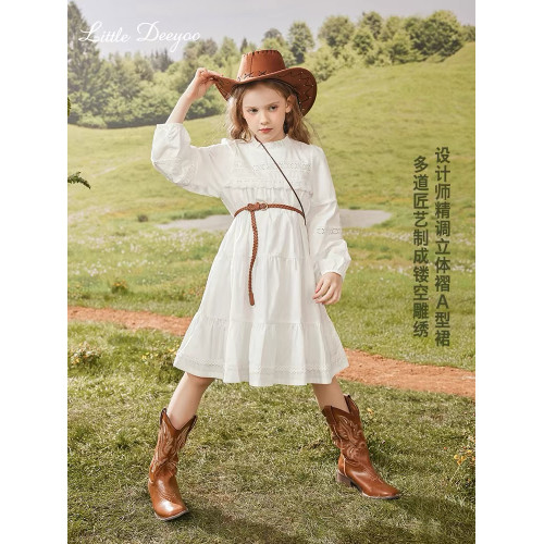 2025年春裝新款女童裙子兒童白色連衣裙高級感森系春秋公主裙洋氣
