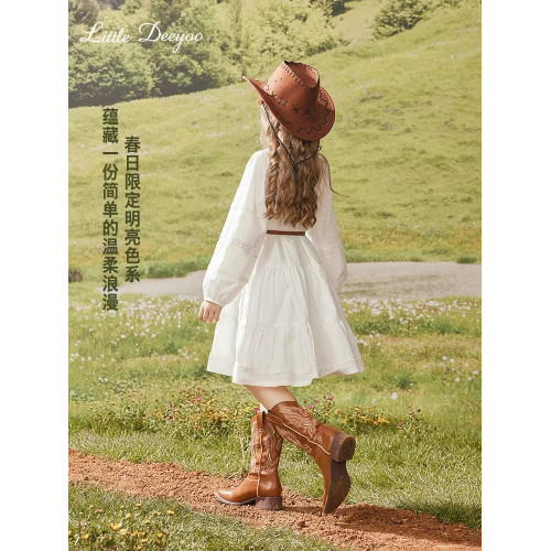 2025年春裝新款女童裙子兒童白色連衣裙高級感森系春秋公主裙洋氣