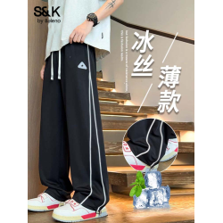 班尼路冰絲褲子男士夏季薄款寬鬆直筒濶腿褲青少年帥氣休閒運動褲