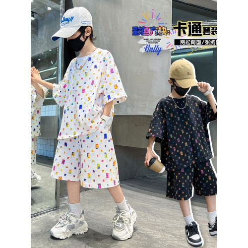 安哼安哼男童夏裝彩色方塊短袖套裝時髦洋氣2025夏季新款兒童夏款