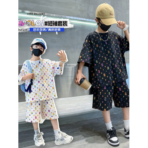 安哼安哼男童夏裝彩色方塊短袖套裝時髦洋氣2025夏季新款兒童夏款