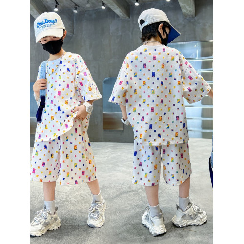 安哼安哼男童夏裝彩色方塊短袖套裝時髦洋氣2025夏季新款兒童夏款
