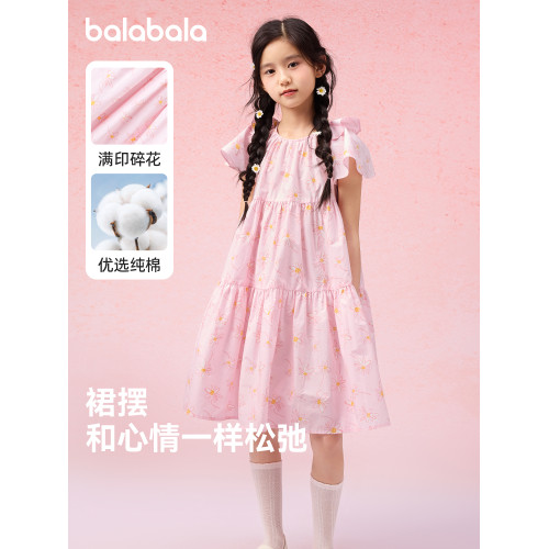 巴拉巴拉女童連衣裙中大童公主裙兒童小飛袖裙子2025夏裝新款童裝