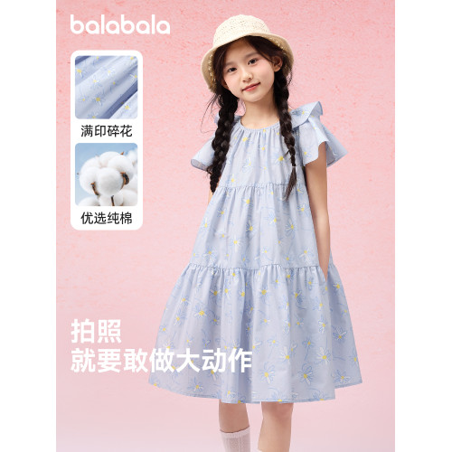 巴拉巴拉女童連衣裙中大童公主裙兒童小飛袖裙子2025夏裝新款童裝
