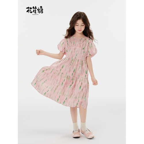 花笙糖女童夏季新款連衣裙女孩可愛泡泡袖粉色裙子兒童洋氣公主裙