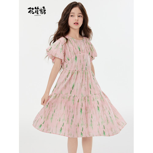 花笙糖女童夏季新款連衣裙女孩可愛泡泡袖粉色裙子兒童洋氣公主裙