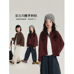 布丁哈魯春秋女童韓系外套2025秋裝新款兒童洋氣紅色格紋襯衫