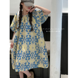 法式輕奢女童夏裝連衣裙2025新款兒童碎花裙子大童泡泡短袖A字裙