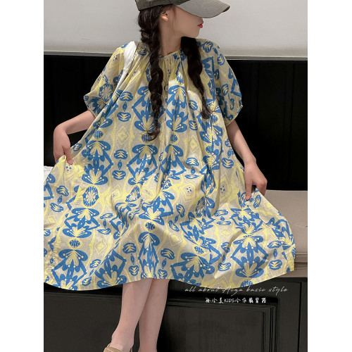 法式輕奢女童夏裝連衣裙2025新款兒童碎花裙子大童泡泡短袖A字裙