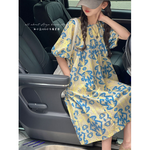 法式輕奢女童夏裝連衣裙2025新款兒童碎花裙子大童泡泡短袖A字裙