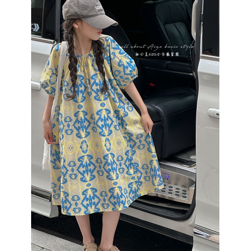 法式輕奢女童夏裝連衣裙2025新款兒童碎花裙子大童泡泡短袖A字裙