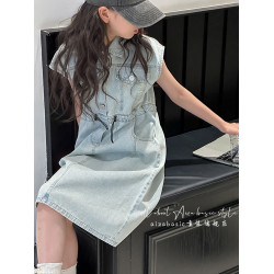 磨白水洗女童牛仔連衣裙2025夏季新款兒童無袖收腰裙子女孩A字裙