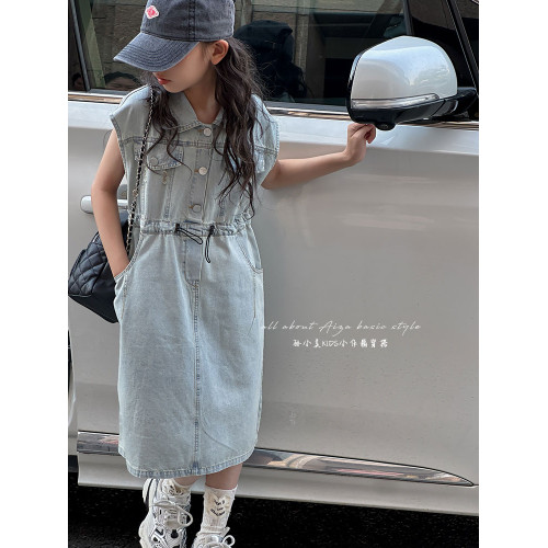 磨白水洗女童牛仔連衣裙2025夏季新款兒童無袖收腰裙子女孩A字裙 磨白水洗女童牛仔連衣裙2025夏季新款兒童無袖收腰裙子女孩A字裙