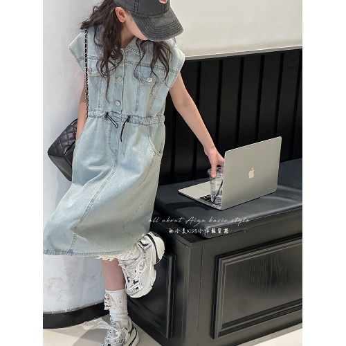 磨白水洗女童牛仔連衣裙2025夏季新款兒童無袖收腰裙子女孩A字裙 磨白水洗女童牛仔連衣裙2025夏季新款兒童無袖收腰裙子女孩A字裙